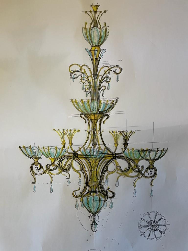 Schiță colorată a unui candelabru Art Nouveau cu brațe și picături de sticlă