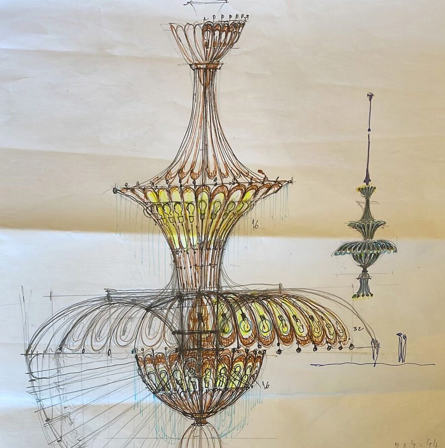 Schiță în creion și culoare a candelabrului Art Nouveau din sala mare a Cazinoului