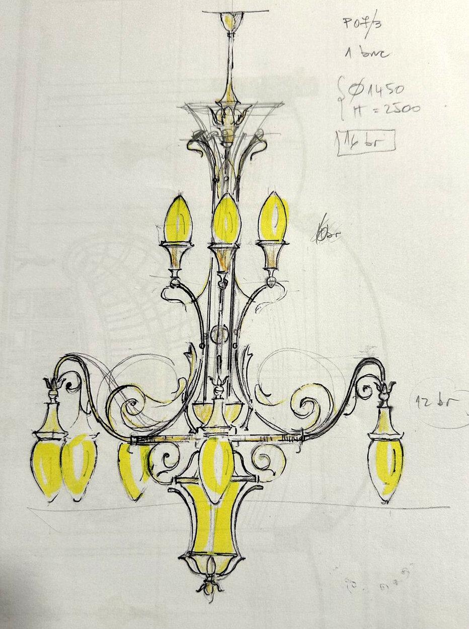 Schiță de candelabru cu adnotări tehnice scrise de mână