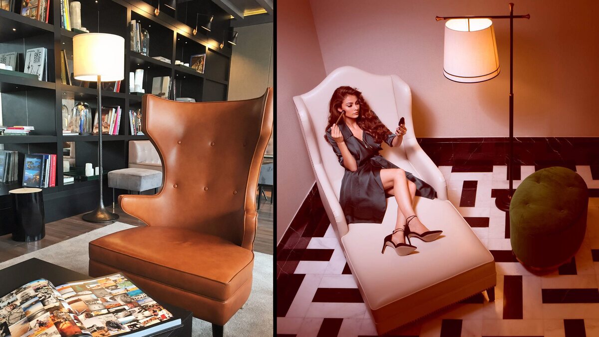 Zonele de lounge de la Stejarii Country Club: un lampadar cu abajur alb lângă bibliotecă și o aplică cu tijă lungă deasupra unei șezlong-fotoliu