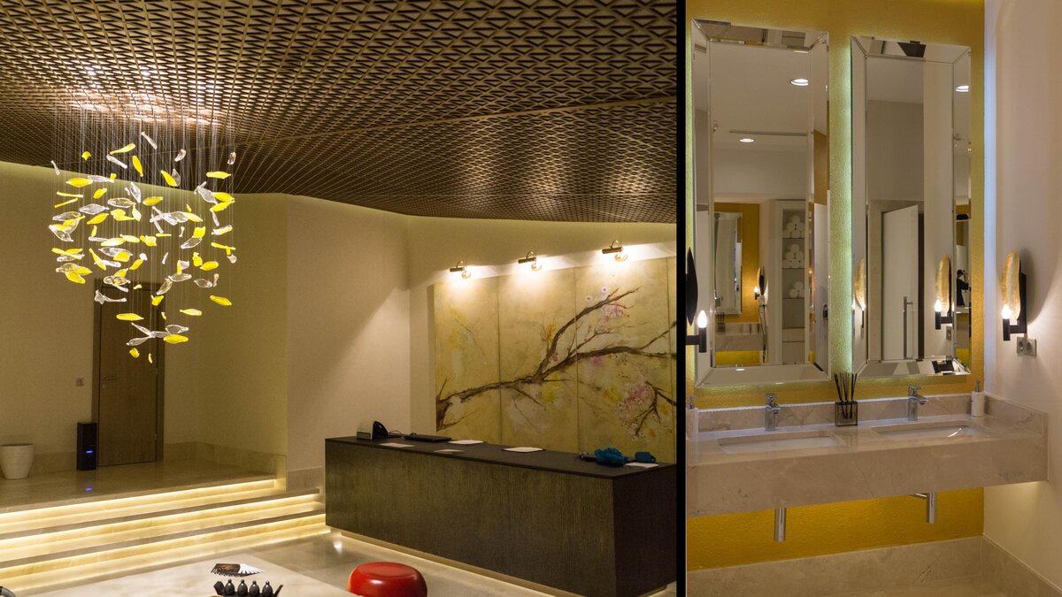 Recepția Shiseido Spa de la Stejarii Country Club, cu ornamentul suspendat din frunze de sticlă galbene și albe executat de FD.STIL, și vestiarul cu oglinzi și aplice